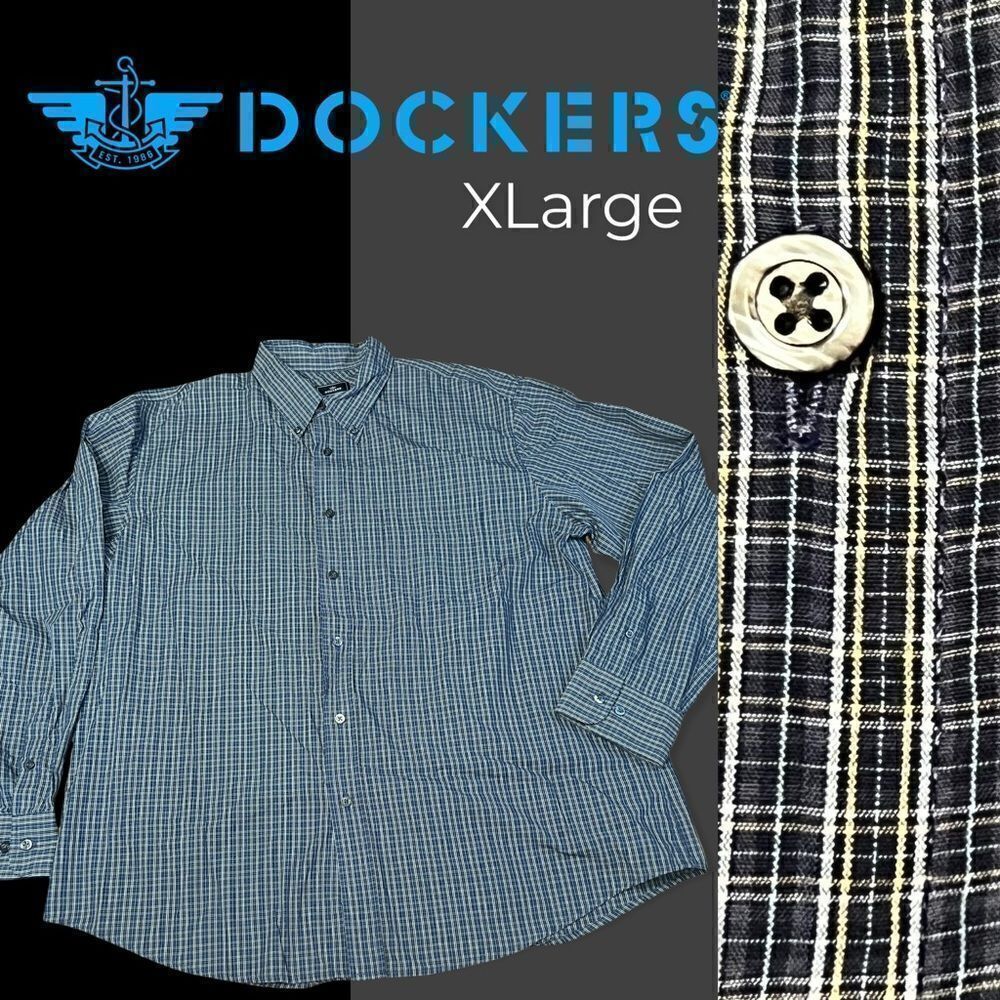 DOCKERS Long Sleeve Pocket No Wrinkle Blue Plaid SHIRT XL
